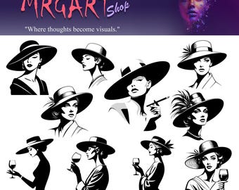 May include: Black and white digital art prints featuring elegant women in wide-brimmed hats. Some illustrations include a glass of wine or a cigarette. The text "MRGARTshop" and "Where thoughts become visuals" is also present.