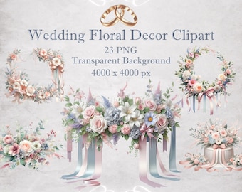 Clipart floreale ad acquerello: bouquet da sposa e ghirlanda PNG (download digitale)