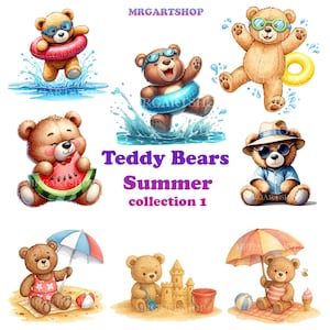 Teddy Bears Summer – Clipart Bundle | 24 PNG Files | Beach Vacation Bears | Cute Kids Graphics | Watercolor Animal Illustrations