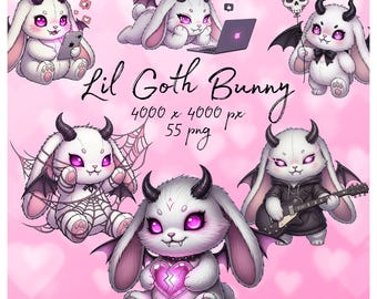 Pastel Goth Bunny Clipart: Kawaii Halloween Digital Art (55 PNG)
