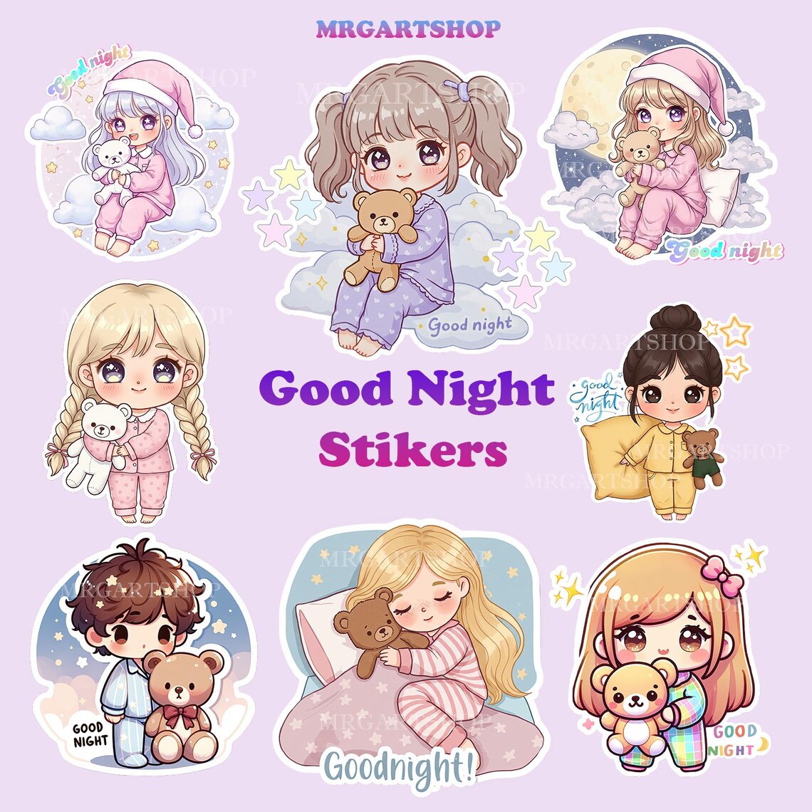 Good Night Kawaii Stickers | Cute Bedtime Clipart Bundle | Sleep Pajama ...