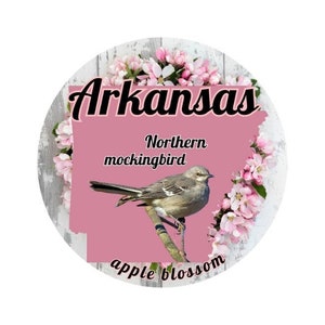 Estado de Arkansas con pájaro y flor del estado Pegatina