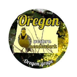 Estado de Oregon con pájaro y flor estatal Pegatina