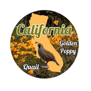 Estado de California con pájaro y flor estatal Pegatina