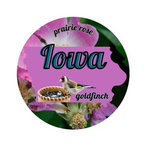 Estado de Iowa con pájaro y flor estatal Pegatina