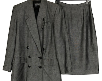 VTG 80s STIRLING COOPER Linen Blend Suit Set Sz 6 / 7 Gray Jacket Skirt Pockets