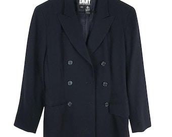 Blazer cruzado vintage DKNY Donna Karan New York 100% lana, talla 2, azul marino