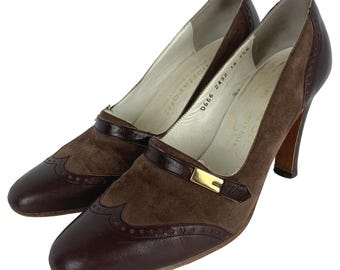 Vintage Mortarotti Milano Italië suède leren wingtip pumps maat 35.5 IT 5 US bruin