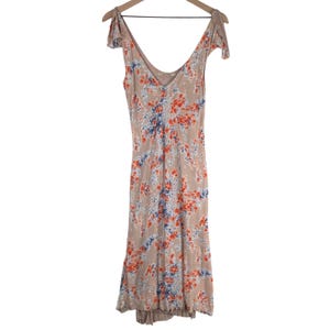 FREE PEOPLE V-Neck Ruffle Sleeve Knit Midi Dress Sz M Tan Abstract Floral Lined image 1