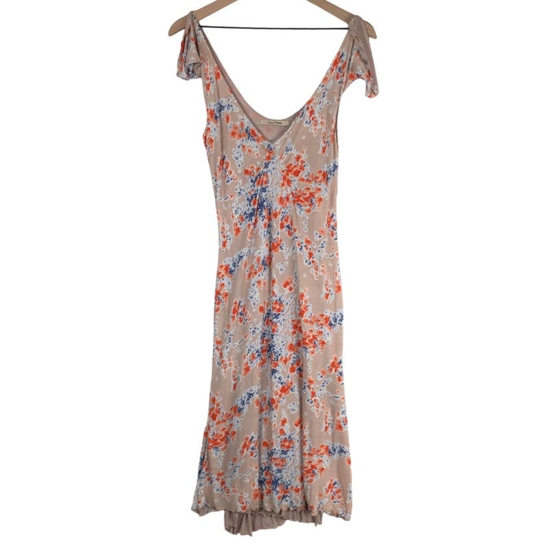 FREE PEOPLE V-Neck Ruffle Sleeve Knit Midi Dress Sz M Tan Abstract Floral Lined image 1