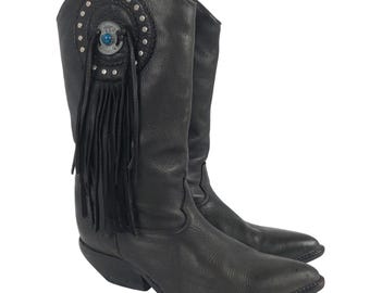 VTG ZODIAC Leather Fringe Concho Cowboy Boots Sz 8M Black Heeled USA Made 810027