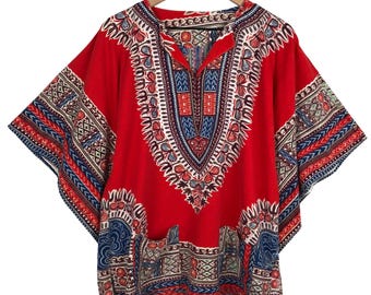 VTG African Dashiki Print Tunic Top Women's M/L Red Blue Split Neck Pockets