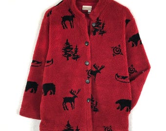Jaqueta de lã feminina Coldwater Creek, tamanho P, com estampa de cervos vermelhos, árvores e ursos, bolsos aconchegantes e botões.