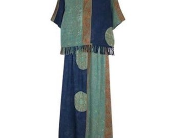 VTG Batik Print 2 Piece Set Fringe Top Maxi Skirt Sz M Blue Teal Rayon S/S
