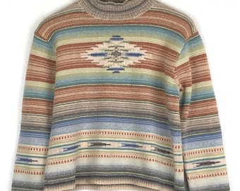 VTG Ralph Lauren Hand Knit Lambswool Aztec Sweater Women's M Petite Southwest