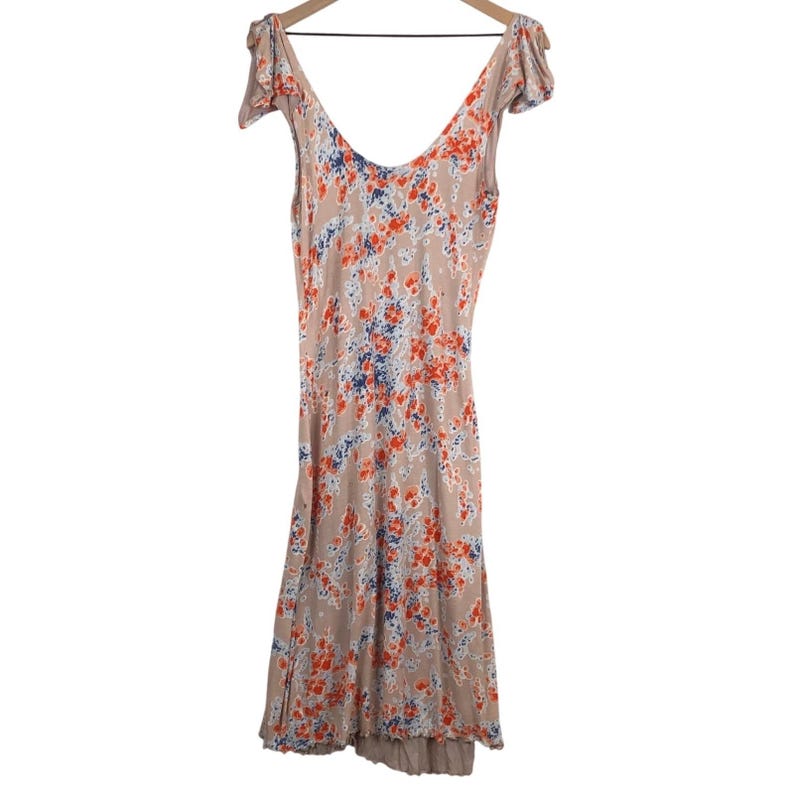 FREE PEOPLE V-Neck Ruffle Sleeve Knit Midi Dress Sz M Tan Abstract Floral Lined image 2