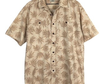 LL BEAN 100% Cotton Textured Tropical Palm Leaf Shirt Men's Sz L Tall Tan S/S