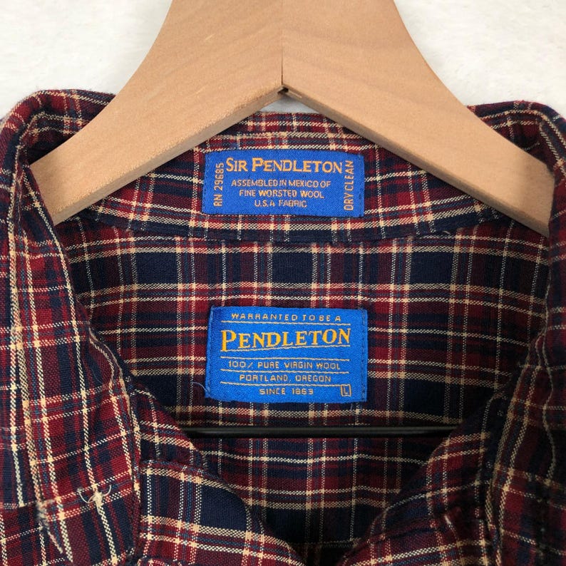 VTG SIR PENDLETON Plaid Fine Worsted Wool Button Down Shirt Men's L Red Blue L/S image 4