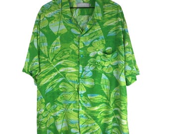 JAMS WORLD Hawaiian Camp Shirt Mens XXL Green Tropical Floral Made in Hawaii S/S