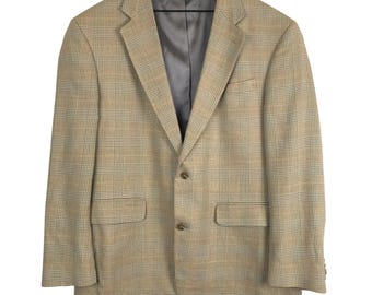 Chaqueta deportiva vintage de Lands' End de seda, lana y lino con estampado Glen Plaid, talla 44L, color tostado.