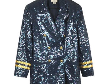 SANDY STARKMAN Sequin Double Breasted Blazer Sz S Navy Blue Gold Trim Nautical
