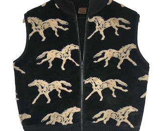 TSUNAMI Horse Fleece & 100% Wool Vest Women's S Black Beige Full Zip Mock Neck