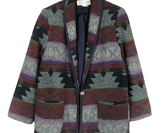 Jaqueta vintage Julia Klein, estilo sudoeste americano, em algodão misto com estampa asteca, tamanho P, com bolsos.
