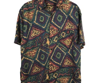 Camicia da uomo VTG SILK HOUSE 100% seta a maniche corte con stampa geometrica ikat, taglia M.