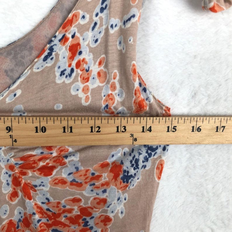 FREE PEOPLE V-Neck Ruffle Sleeve Knit Midi Dress Sz M Tan Abstract Floral Lined image 8
