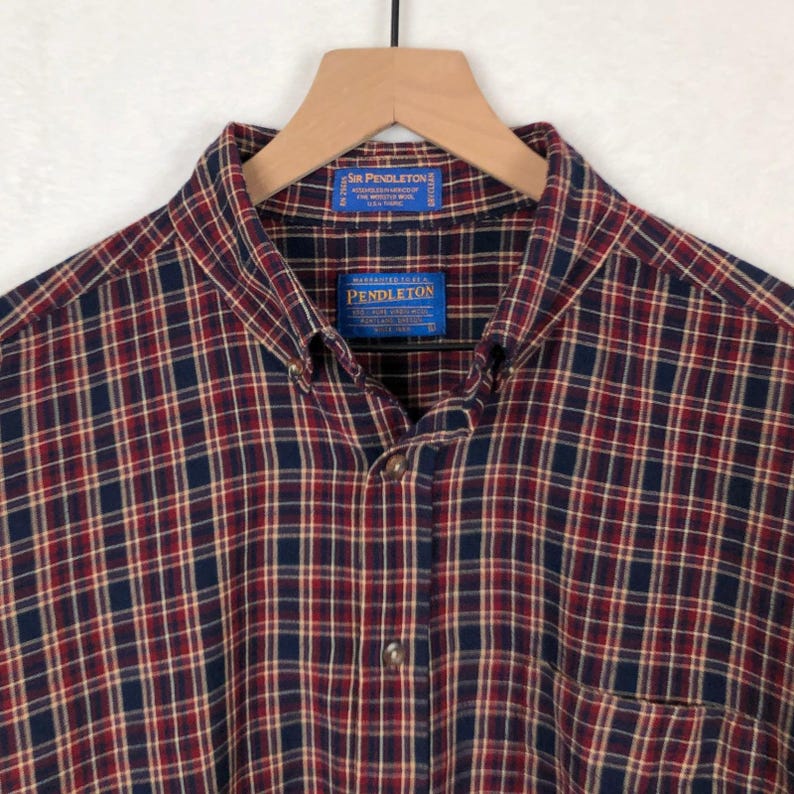 VTG SIR PENDLETON Plaid Fine Worsted Wool Button Down Shirt Men's L Red Blue L/S image 3