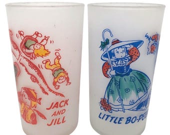 VTG Nursery Rhyme Frosted Glass Juice Tumblers Set Of 2 Jack Jill Little Bo Peep
