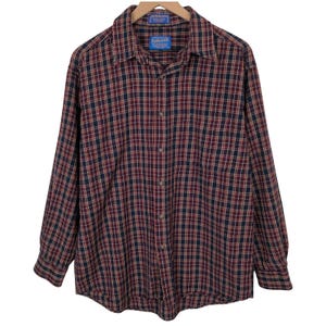 VTG SIR PENDLETON Plaid Fine Worsted Wool Button Down Shirt Men's L Red Blue L/S image 1