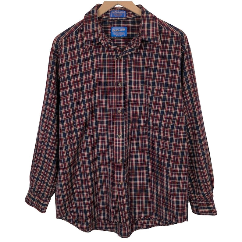 VTG SIR PENDLETON Plaid Fine Worsted Wool Button Down Shirt Men's L Red Blue L/S image 1