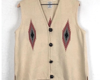 VTG Ortega's Chimayo Hand Woven 100% Wool Vest 42" Cream Southwestern Diamond