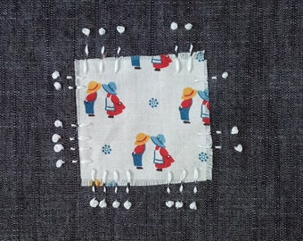 Dutch Boy and Girl Vintage Fabric Boro Sashiko Inspired Upcycled Repurposed Patch-Sew on Patches - Denim Jeans - Visible Mending - DIY