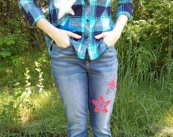 Patriotic Upcycled Levi Strauss Denim Jeans Size 10M - Red White Blue Stars USA America July 4th Summer Pants - Reworked Boho Hippie Style
