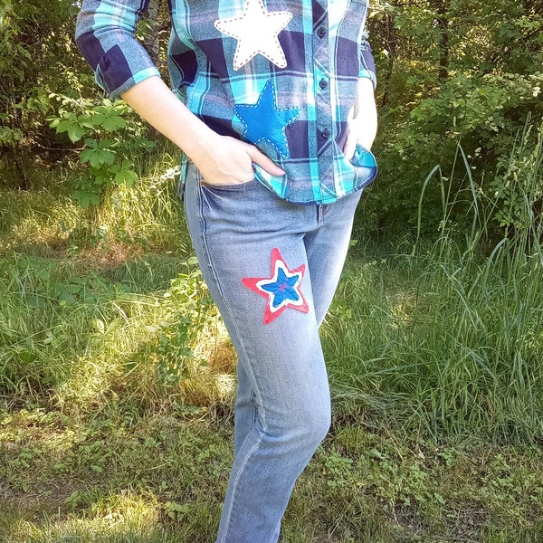 Patriotic Upcycled Denim Jeans - Red White Blue Stars USA America 4th of July Summer Pants - Reworked Boho Raw Frayed Hem - Old Navy Size 4