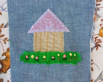 Garden Shed Floral Scene Boro Sashiko Inspired Denim Patch - Cottagecore Sew on Patches - Denim Jeans - Visible Mending - Charming Art