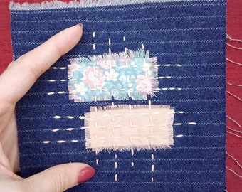 Pink Peach Floral Boro Sashiko Inspired Upcycled Repurposed Fabric Patch-Sew on Patches - Denim Jean - Visible Mending - Slow Stitching Diy