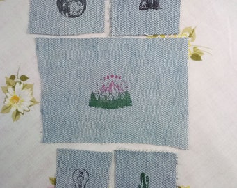 All 5! Hand Stamped Recycled Soft Jean Denim Patch - Visible Mending, Boro, Sashiko, Slow Stitching DIY Project - Moon Mountain Buzzard