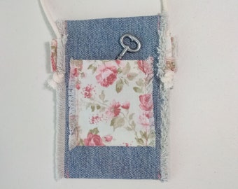 Small Upycled Crossbody Cell Phone Bag Purse - Repurposed Denim Jean Fabric with Floral Pocket - Cottagecore Minimalist  Frayed Wallet