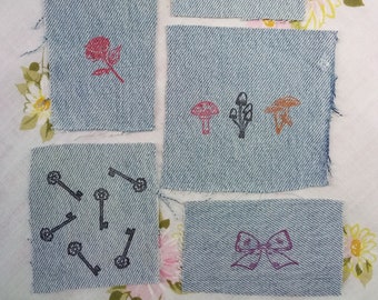 5 Hand Stamped Recycled Jean Denim Patch-Visible Mending Boro Sashiko Slow Stitching DIY - Rose Stamp Bow Skeleton Key Mushrooms Toadstools