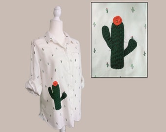 Reworked Cactus Flower Desert Tee - Slow Stitched Upcycled Shirt Top - Boro Patchwork Hand Embroidered Wearable Art - Unique Fashion - OOAK