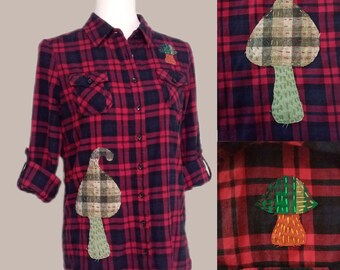 Reworked Mushroom Toadstool Slow Stitched Upcycled Plaid Flannel Shirt Top - Boro Patchwork Hand Embroidered Wearable Art - Unique Fashion