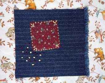 Floral Boro Sashiko Inspired Upcycled Repurposed Fabric Patch-Sew on Patches - Denim Jeans - Visible Mending - Slow Stitching Junk Journal