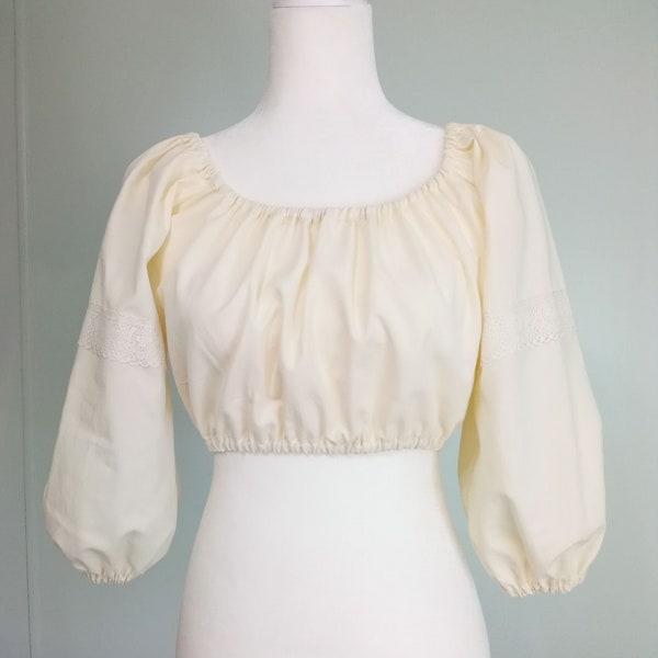 Peasant Blouse Made of a Vintage Cotton Sheet with Antique Lace - Boho Crop Top Off The Shoulder Shirt - Handmade - Yellow Cream Lace - RTS