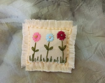 Pink Blue RedDaisies Brooch Pin - Entirely Hand Stitched - Freehand Embroidery- Botanical Textile Fiber - OOAK Yellow Flower Floral Pin