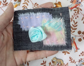 Small 3D Pastel Boro Sashiko Inspired Patch With Handmade Rolled Silk Rose Flower - Scrap Jar Bowl Filler - Visible Mending Slow Stitching
