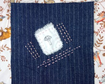 Mushroom Slow Stitched Boro Sashiko Upcycled Repurposed Pink Patch - Sew on Patches - Jeans Visible Mending - Diy Projects Junk Journal