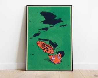 Swimming Tiger Art Print - Wildlife Wall Art Poster - Modern Animal Illustration Decor